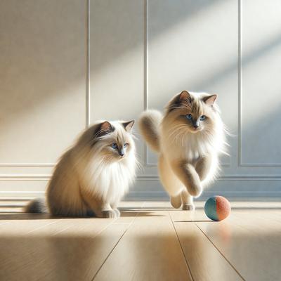 The image features two cats playing with a ball on a wooden floor. The cats are positioned close to each other, with one cat on the left side and the other on the right side of the ball. The ball is located in the middle of the floor, and the cats are actively engaged in the playful activity. The scene appears to be a realistic representation of the cats' interaction with the ball, rather than a digital art or illustration.